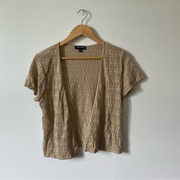 Cottagecore Vintage 90s Notation’s Tan Knit Short Sleeve Cardigan Sweater M - Picture 2 of 4